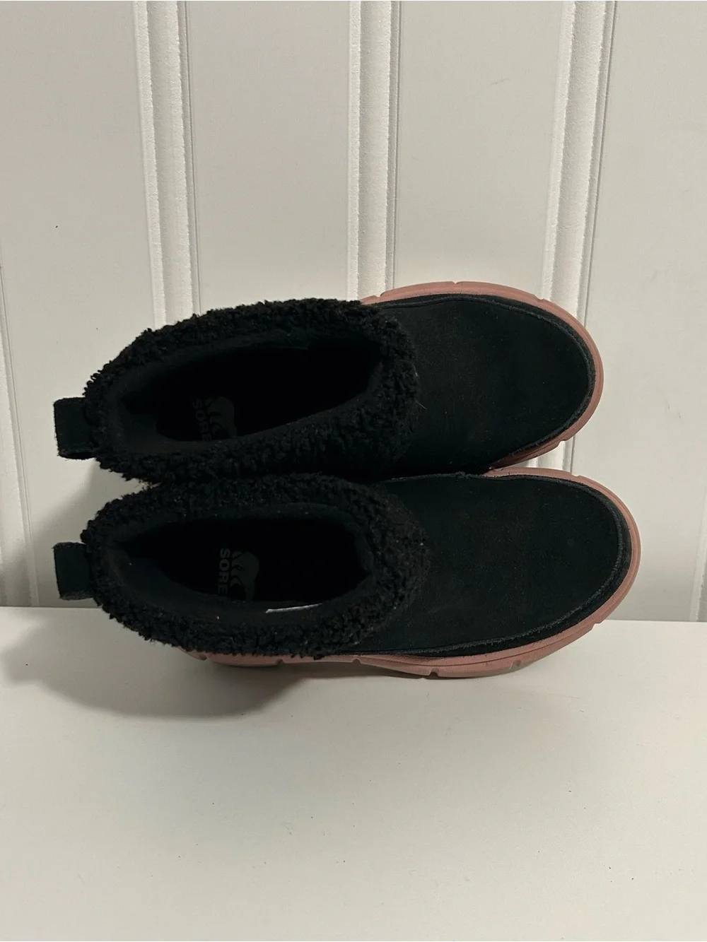 Sorel explorer 3 black suede winter snow boots pink sole